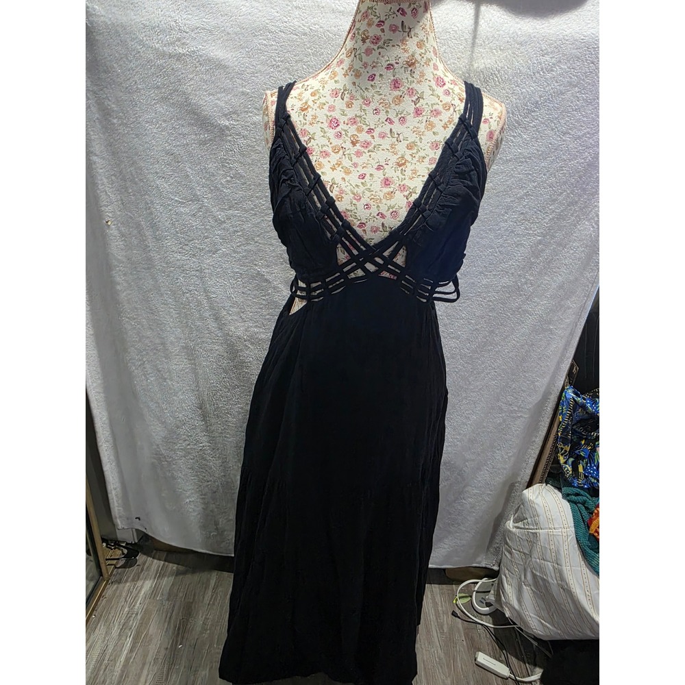 Free People Tropical Maxi Black Tiered Cut Out Backless Boho Beachy Resort Sz L - Picture 3 of 10